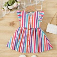 Baby Girl Woven Striped Ruffle Hem Casual Dress Colorful For Toddler Rainbow Flutter Sleeve 1yr Old 