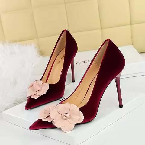 BIGTREE Shoes Suede Flower Design Women Pumps Fashionable Banquet Light Luxury Women Shoes Stilettos