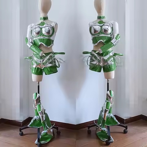 Futuristic Stage Outfit Silver Green Sense Of Technology Performance Outfit Crop Top Shorts Set Drag