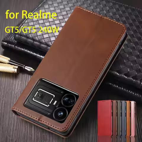 Leather Case for OPPO Realme GT5 240W / Realme GT5 Flip Case Card Holder Holster Magnetic Attraction