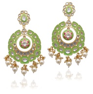 Moonstruck Traditional Indian Golden Chandbali/bali Earrings with Meenakari & Pearls for Women (Gree