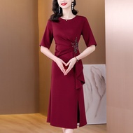 Wedding Mother Dress Dinner Party 2025 New Embroidered Burgundy Dress Diamond Gold Velvet Host Ninan
