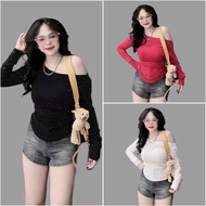 Women's Stone Pressed T-shirt Long Sleeve Off Shoulder Design Big Size 40-90kg