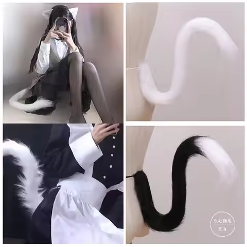 Cat tail cosplay fur tail simulation animal tail black White Gray Halloween party show cat ears
