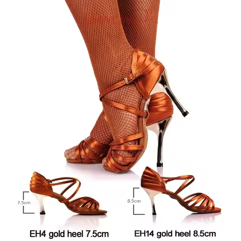 BD Girls Latin Dancing Shoe Dark Tan Satin Fabric Gold 3" Heels Women Rumba Chacha Samba Paso Doble 