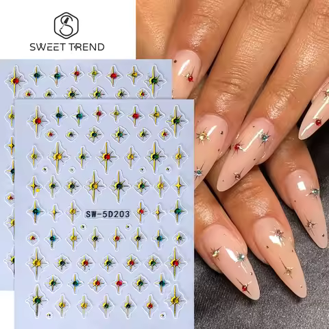 SWEET TREND-2pcs 5D Embossed Y2K Star Nail Stickers Self-Adhesive Metal Gold Nails Rhinestones Decal