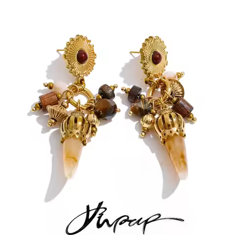 Yhpup Vintage Fashion Stainless Steel Wood Resin Horn Drop Charm Earrings Fashion Distinctive Handma