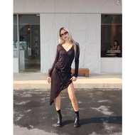 YUUAUN Dress Long Sleeves V-Neck Slim Fit Fabric Sexy Elegant Diagonal Man Korean Style Women's Clot