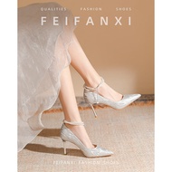 รองเท้าส้นสูงสีเงิน ผู้หญิง 18th Anniversary ใหม่ Fine Heel Pointed Toe Elegance รองเท้าคริสตัลรองเท