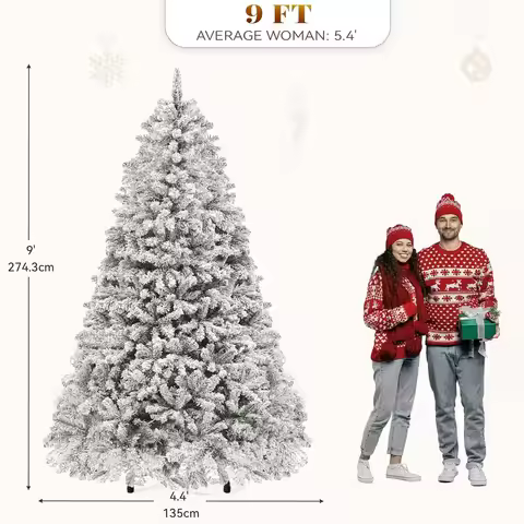 9ft Prelit Snow Flocked Christmas Tree with Remote Hinged Pine Christmas Tree
