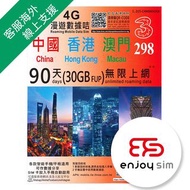 3香港 - 90日【中國大陸、香港、澳門】(30GB FUP) 4G/3G 無限上網卡數據卡SIM咭
