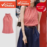 Casual Top Plaid Ruched Christmas Holiday Tank Top for Women L128ED333