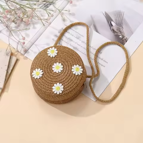 Creative Small Daisy Kids Straw Bag Round Shape Woven Crossbody Bag Handmade Shoulder Bag for Childr