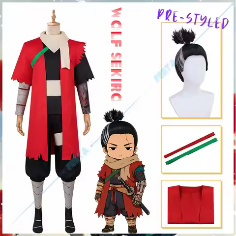 Festa Pre-styled Wig Wolf Sekiro Cosplay Costume SEKIRO NO DEFEAT Red Ninja Robe Scarf Samurai Warri
