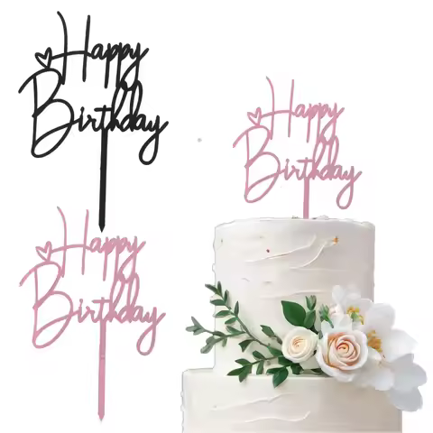 2-Pack Black & Rose Golden Happy Birthday Cake Toppers - Elegant Cursive Font Acrylic Decorative Sig