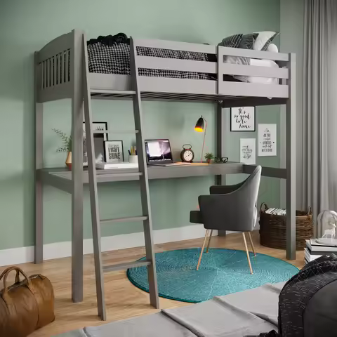 Everest Grey High Loft Bed with Desk and Storage, Heavy Duty Solid Wood Twin Size Loft Bed Frame wit