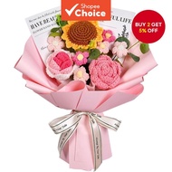 Crochet Floral Bouquet, Knitted Pink Sunflower Rose Daisy Bouquet For Mothers Fathers Day Graduation