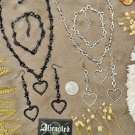 Barbed Wire with Heart Black Silver Necklace Bracelet Earrings Punk Gothic Grunge