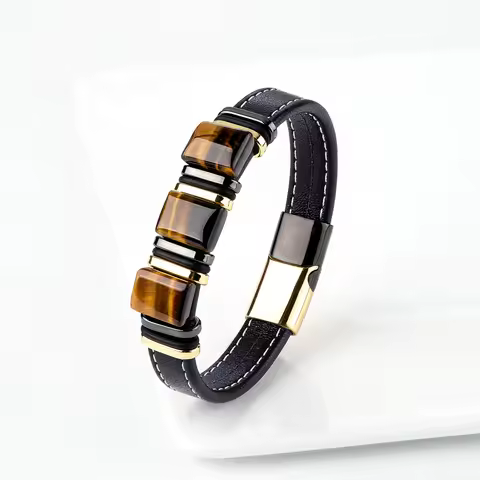 New Vintage Jewelry Long Square 100% Natural Tiger Eye 8 Circle Stainless Steel Leather Rope Charm F