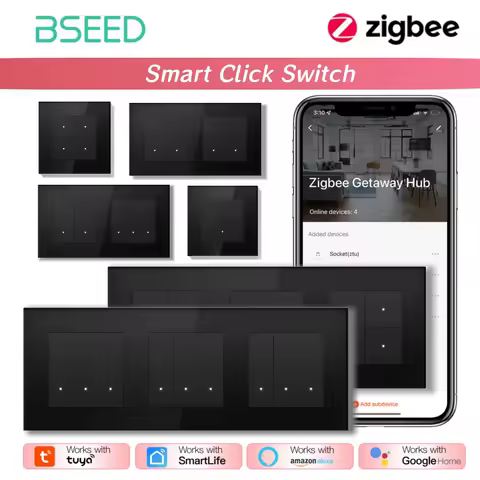 BSEED ZigBee Click Switches Series Wall Smart Click Light Switches Yellow Backlight Glass Frame Tuya
