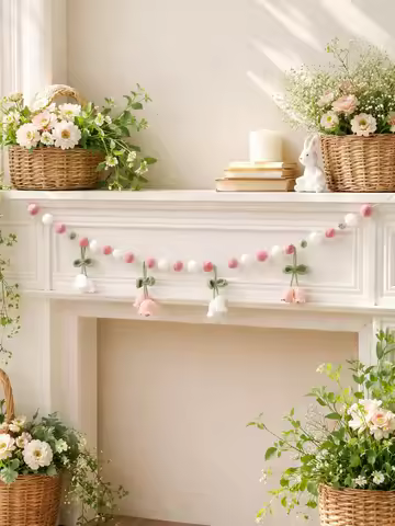 Boho Crochet Lily of the Valley Pom Garland Pink White Felt Ball Floral Banner Cute Wall Hanging for
