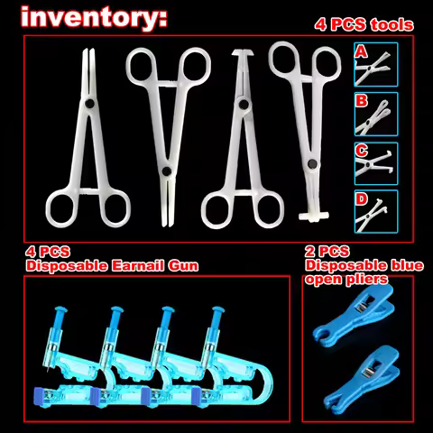 Disposable puncture tool set consisting of 4 puncture forceps, 4 ear piercing guns, and 2 small open