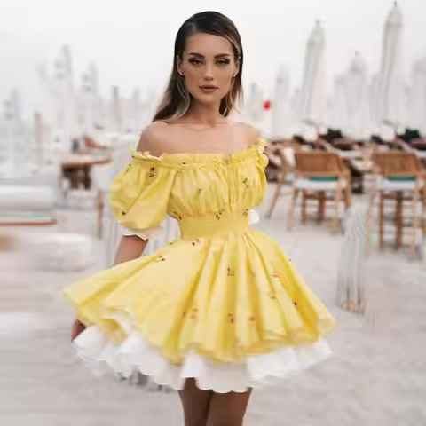 Summer Lace Print Yellow Dress Women Film Gyaru Puff Sleeve Short Dresses White Princess Dress Casua