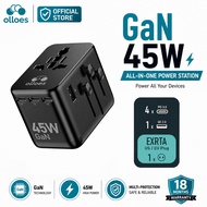 OLLOES GaN 45W Universal Travel Adapter with Extra US/EU Plug 3 x USB-C 1 x USB-A GaN Fast Charging
