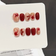 10PCS Handmade Red Gold Koi Press On Nails | Chinese Vintage Short Round Detachable Fake Nails
