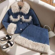 Young Girls Jacket Set, Light Blue Patchwork Faux Fur Cuff Pocket Faux Fur Trim Skirt, 2 Pieces Outf