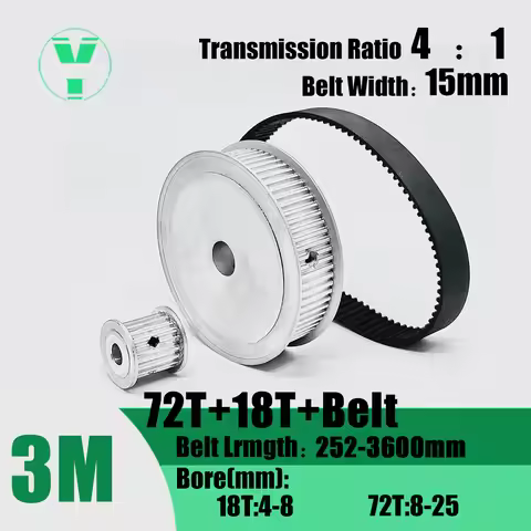 HTD 3M 18T 72Teeth Timing Pulley Belt Set Belt Width 15mm Bore 4~25mm Reduction 4:1 Deceleration 3M 