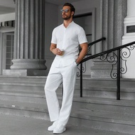 Manfinity Homme Men's Solid Color Jacquard Texture Short Sleeve Loose Shirt And Pants Casual Suit, W