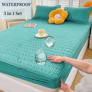 3 In 1 Waterproof Mattress Protector Cover Cadar Elastic Queen Size /King /Single Fitted Bedsheet Set with Pillowcase Solid Color