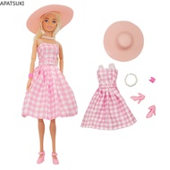 Movie Light Pink Clothes Set for Barbie Doll Sleeveless Plaid Dress Hat Necklace Bangle Shoes For 1/
