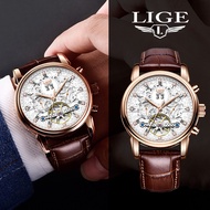 LIGE นาฬิกาข้อมือสำหรับผู้ชายหรูหรานักออกแบบอัตโนมัติหนังสีน้ำตาลนาฬิกาข้อมือกลไกกันน้ำ