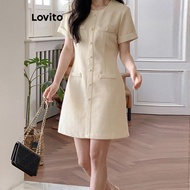 Lovito Elegant Dress Plain Button Dress for Women LNE69055