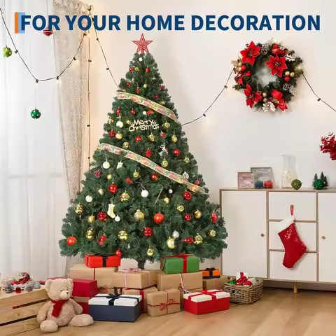 4.5/6/7.5/9FT Prelit Artificial Christmas Tree, Dual Color LED Green Tree With Hinged Branches & Met