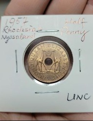 1957年羅德西亞伊利沙伯二世長頸鹿1/2 penny 青銅幣  全新UNC品相  靚銅光