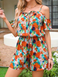 Women’s Colorful Abstract Floral Off‑Shoulder beach jumpsuit for woman Vacation Romper Jumpshort sum