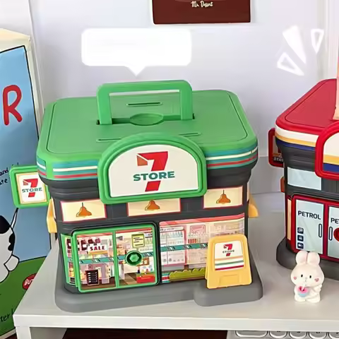 Portable Store Shaped Money Box Plastic Key Lock Cash Box Students Creative Piggy Bank Safe Savings