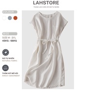 LAHSTORE straight linen dress with round neck, mussel sleeves, drawstring waist, youthful DS09 (Whit
