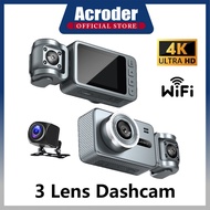 Acroder Dashcam kereta WiFi 4K HD 2" Display 3 Lens Night Vision G-sensor 24-hour Monitoring Dashcam