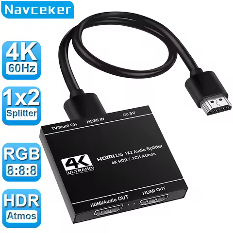 Navceker 4K HDMI Splitter 1x2 HDMI 2.0 Splitter 1 in 2 out HDMI Audio Extractor HDR HDMI2.0 Splitter