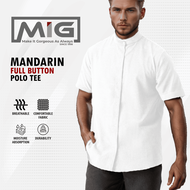 MIG Cotton Linen Mandarin Collar Full Button Short Sleeve Polo T Shirt