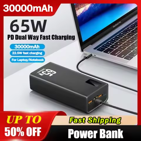 30000mAh Power Bank PD65W Fast Charging Powerbank Type C External Battery Charger for Laptop Noteboo