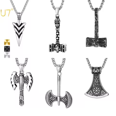 U7 Men Necklaces Retro Viking Spear Arrowhead Hammer Axes Pendant Necklace 316L Stainless Steel Goth