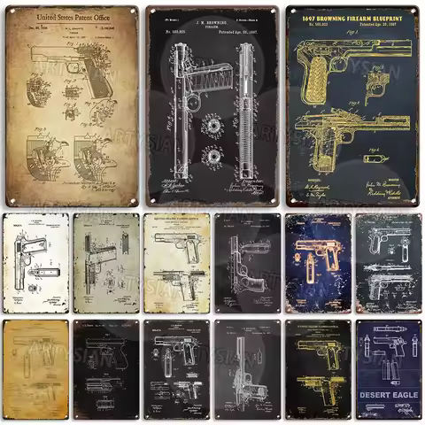 Weapon Gun Patent Plaque Firearm Blueprint Metal Sign Browning 1897 1911 Colt Pistol Ehbets 1897 Swa