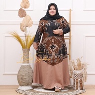 # Gamis Batik Kombinasi Baju Muslim Wanita Jumbo Motif Toples Cokelat