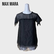 Max mara เสื้อยืดคอกลมหญิงแขนสั้นแต่งระบายสีดำ