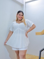 ชุดเซ็ทสาวอวบ เสื้อแขนสั้นจีบอก+กางเกงขาสั้น  ซ377